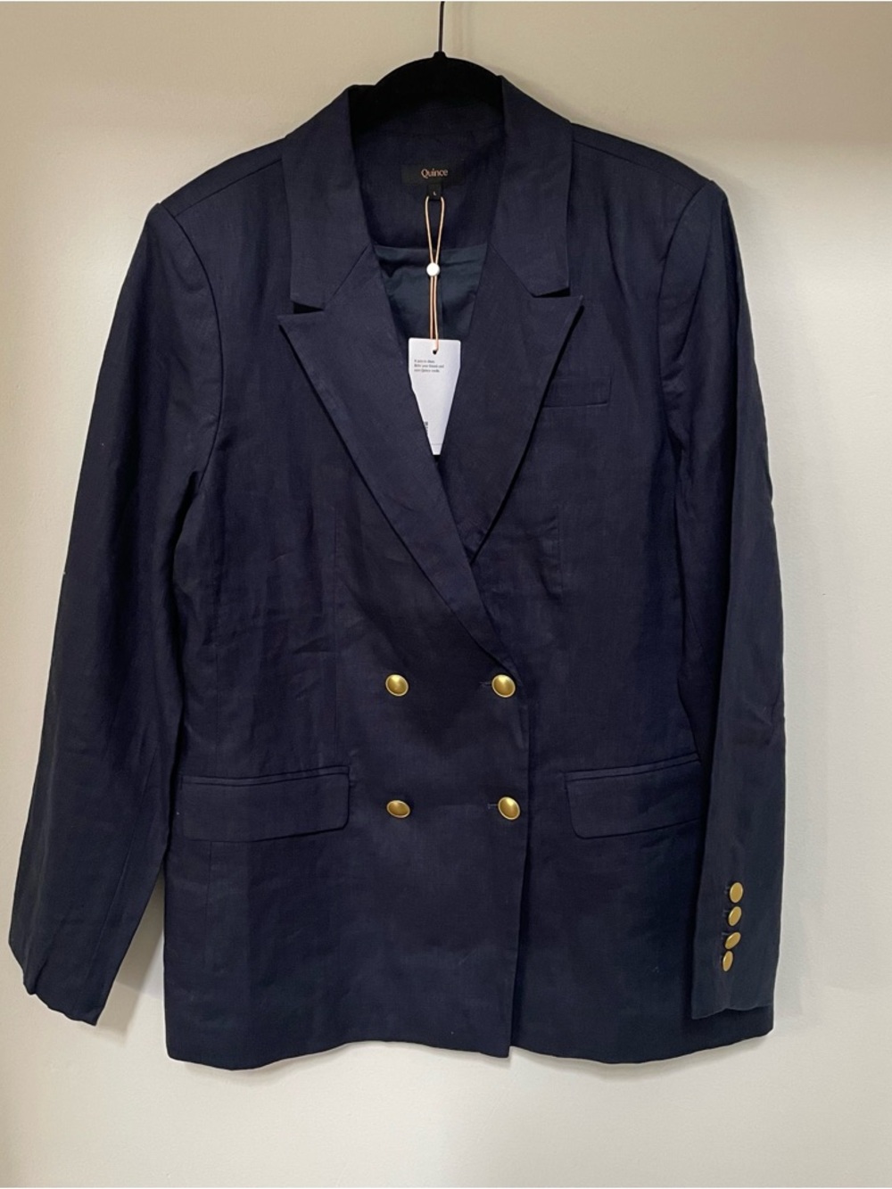 NWT Quince 100% European Linen Relaxed Double-Breasted Blazer True Navy $100 - Picture 2 of 6